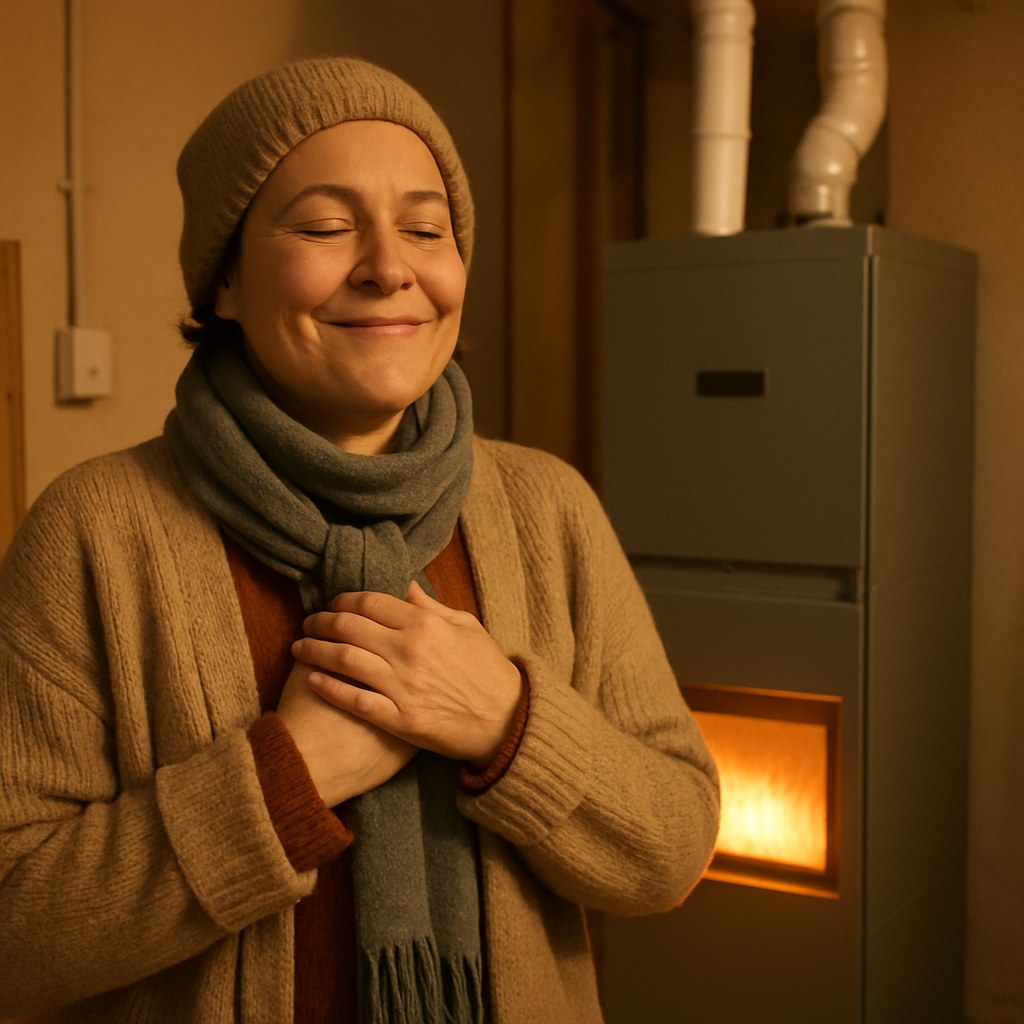 Relieved person at home near furnace