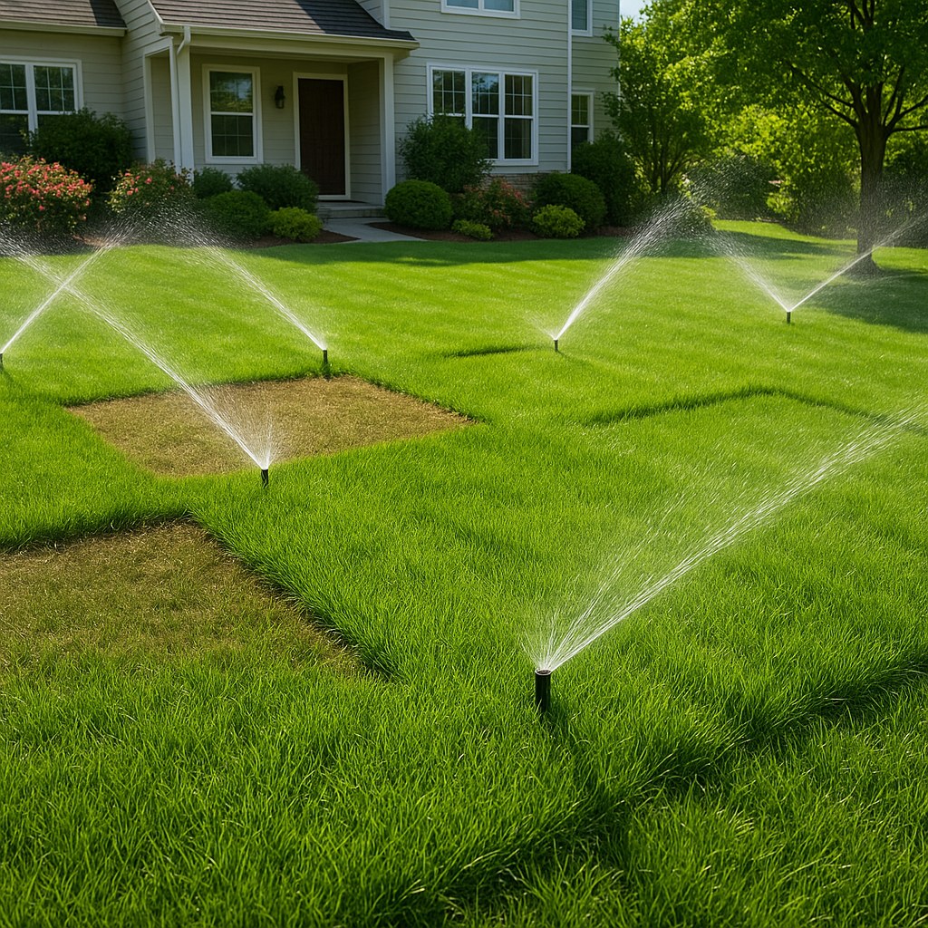 Residential lawn with partially working sprinklers