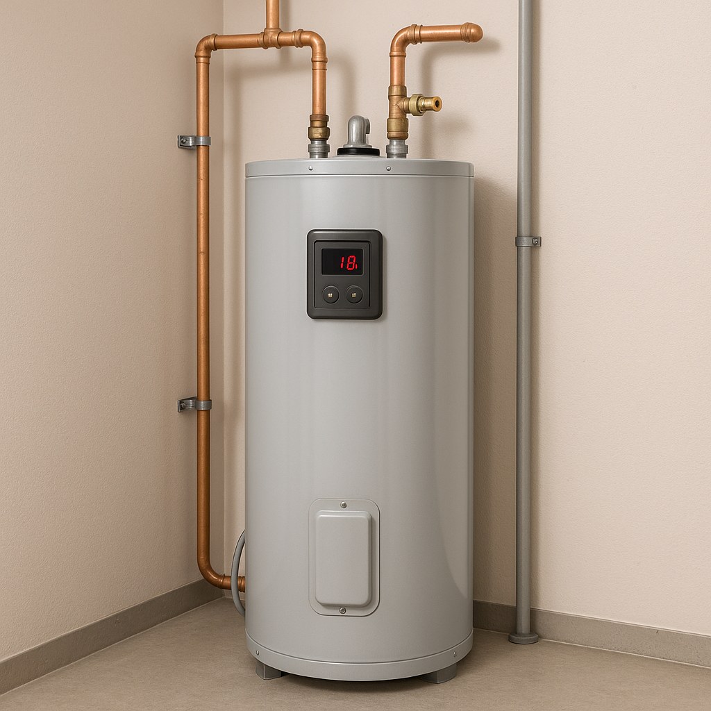 Residential water heater in clean basement