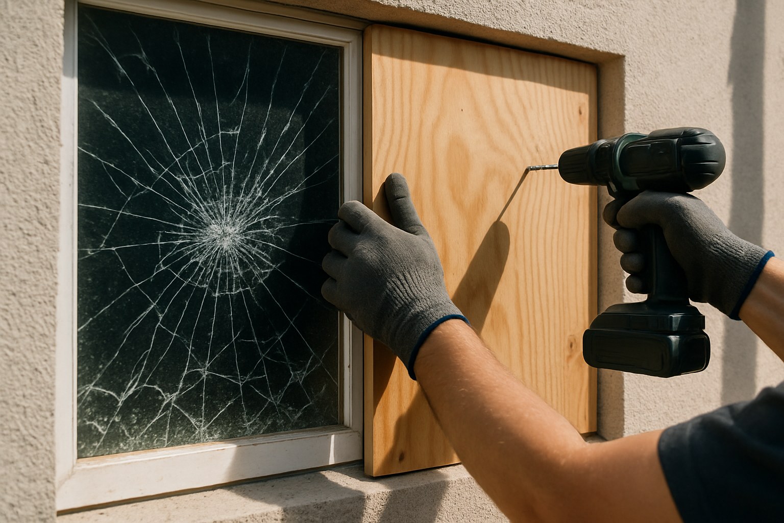 Shattered window boarded up with plywood