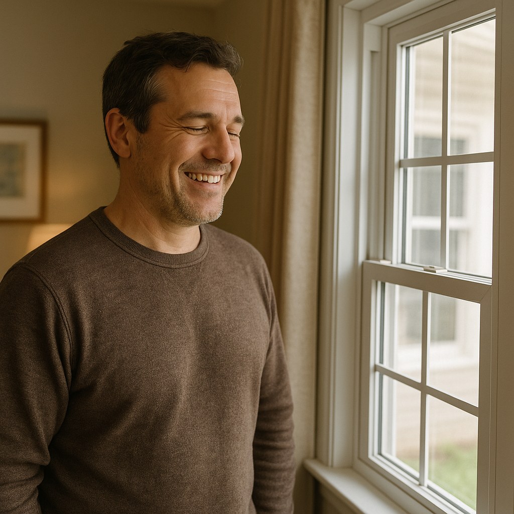 Smiling homeowner admiring fixed window