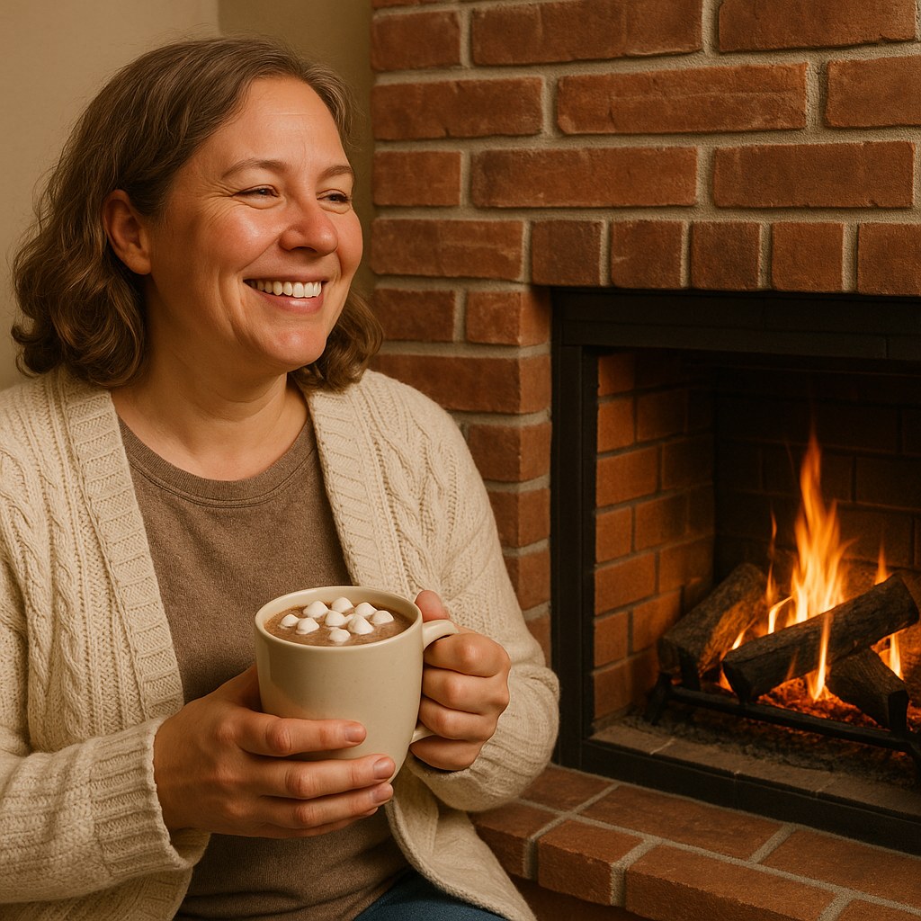 smiling homeowner admiring repaired fireplace