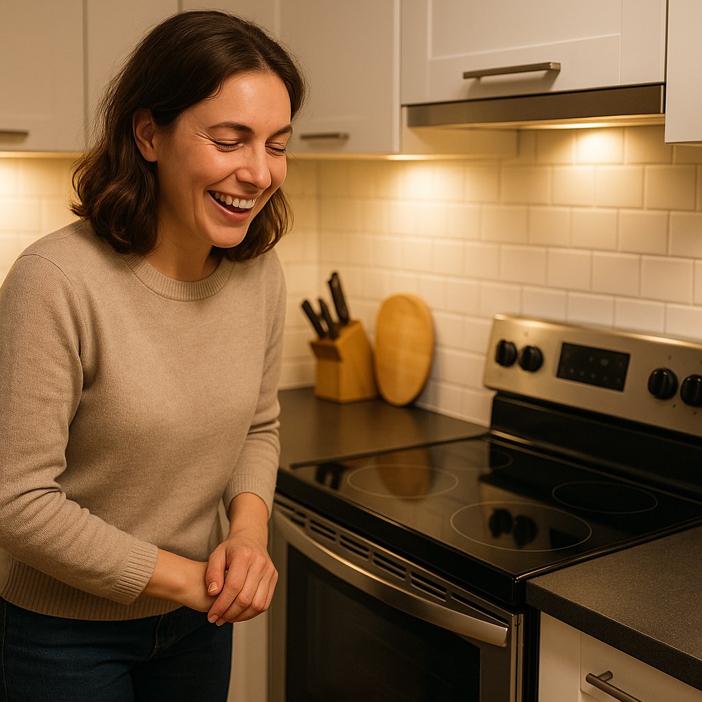Smiling person looks at fixed stove