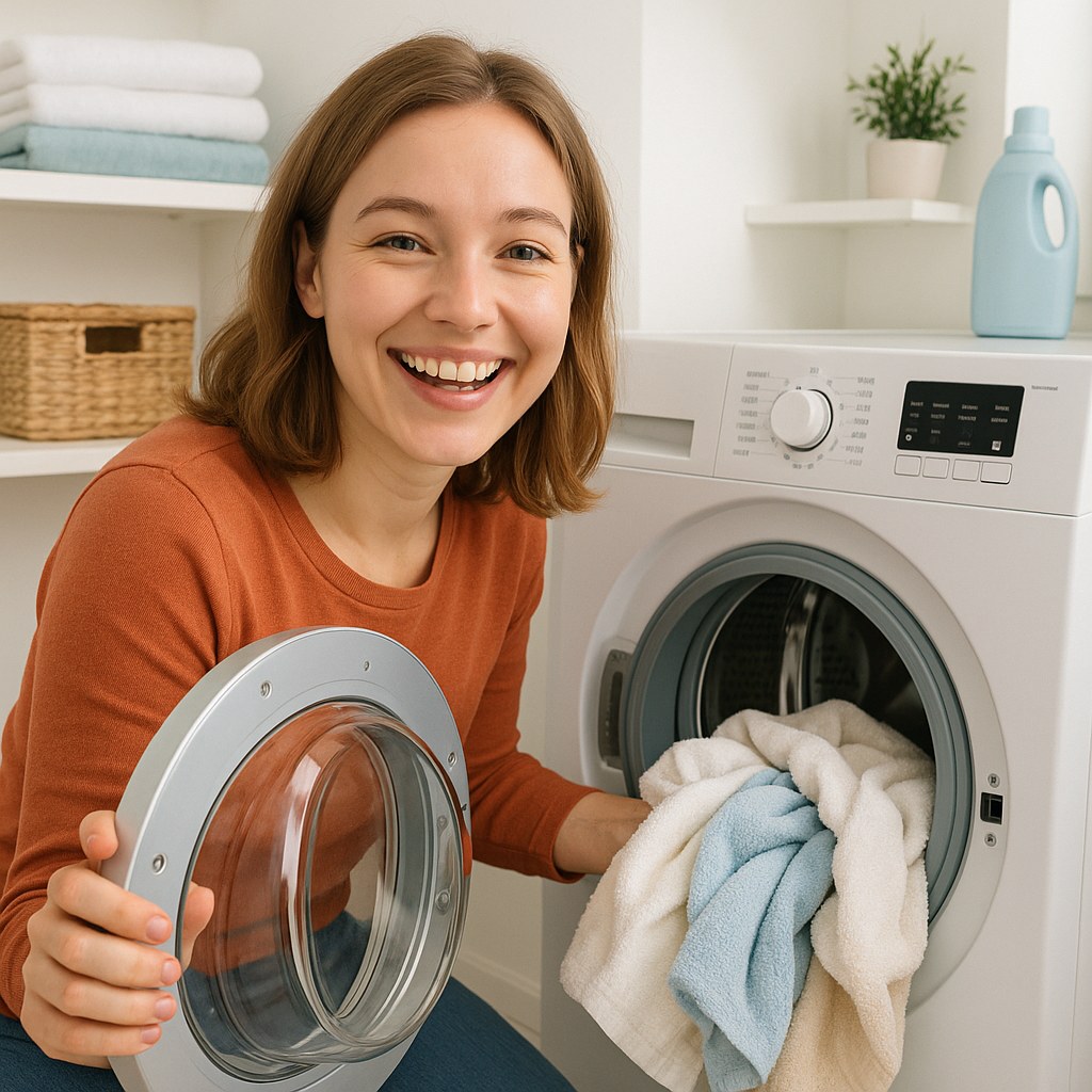 smiling person opens washing machine door