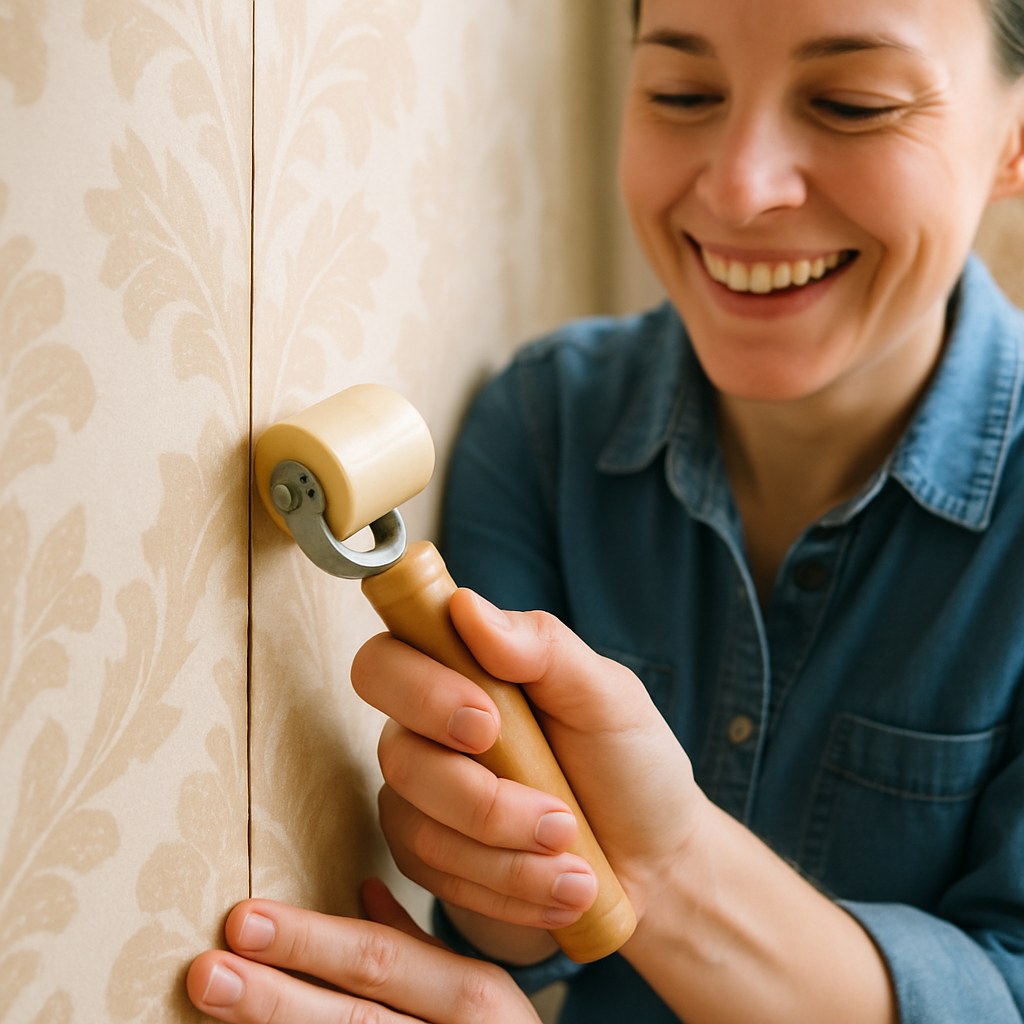 smiling person pressing repaired wallpaper seam
