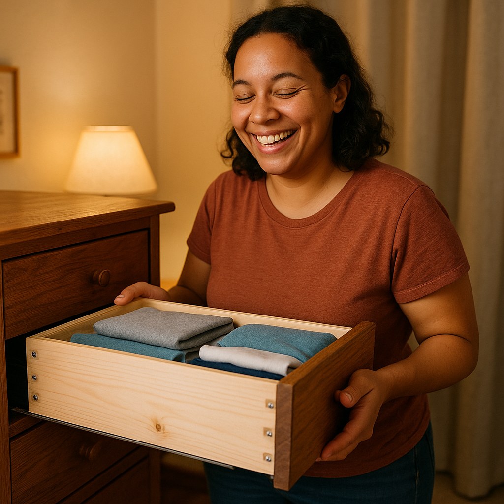 smiling person slides fixed dresser drawer