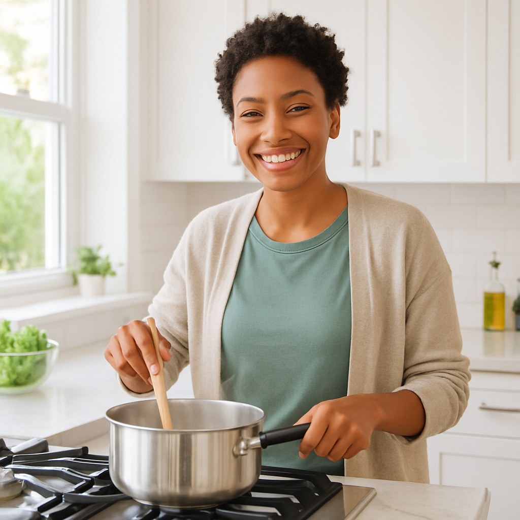 Smiling person using clean stove