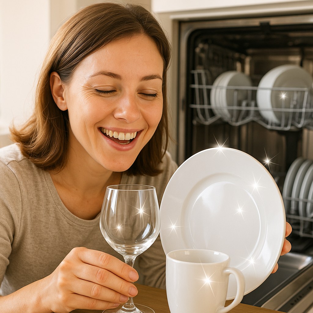 Smiling person viewing sparkling clean dishes