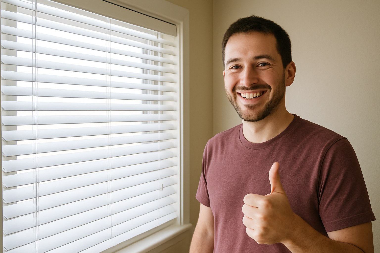 smiling person with level window blinds