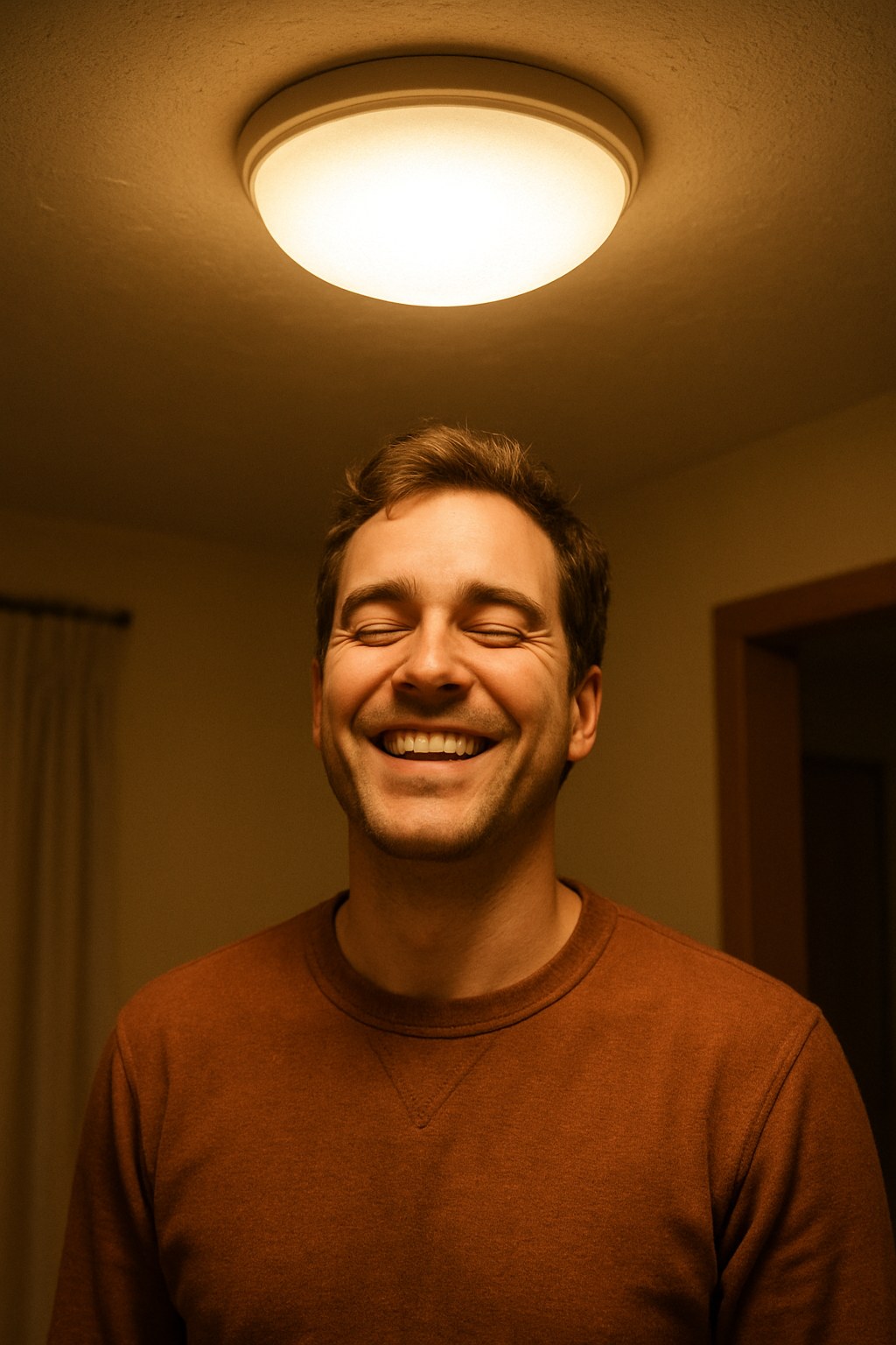 Smiling person with lit ceiling light