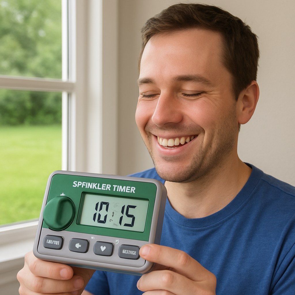 Smiling person with sprinkler timer