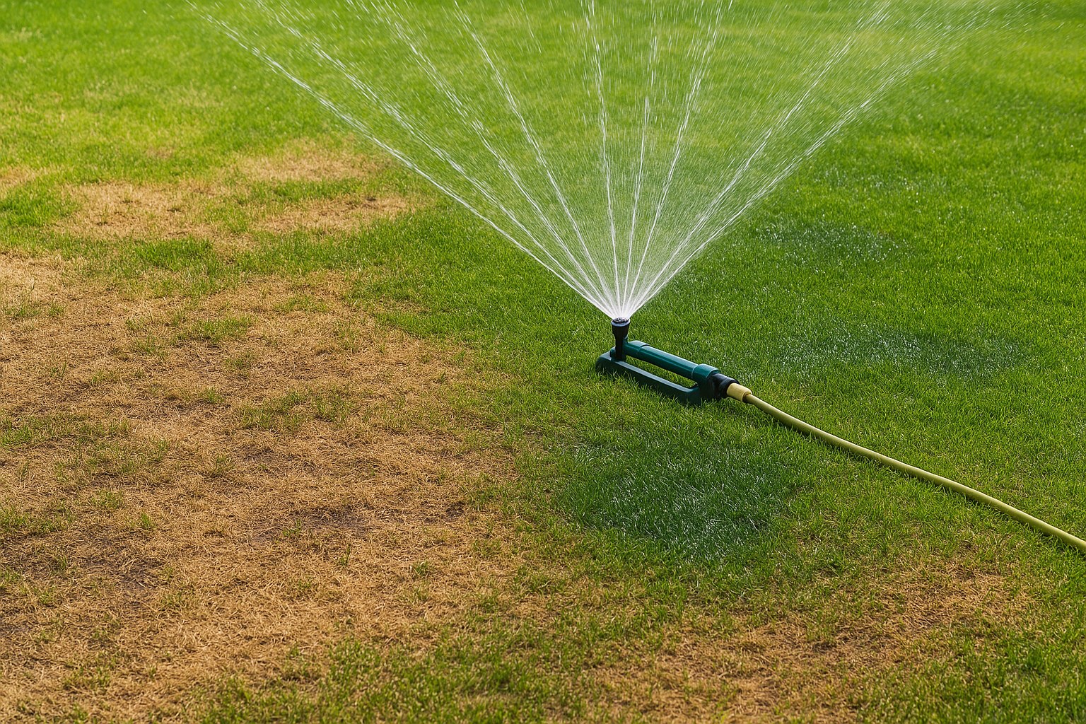 Sprinkler waters uneven lawn patches