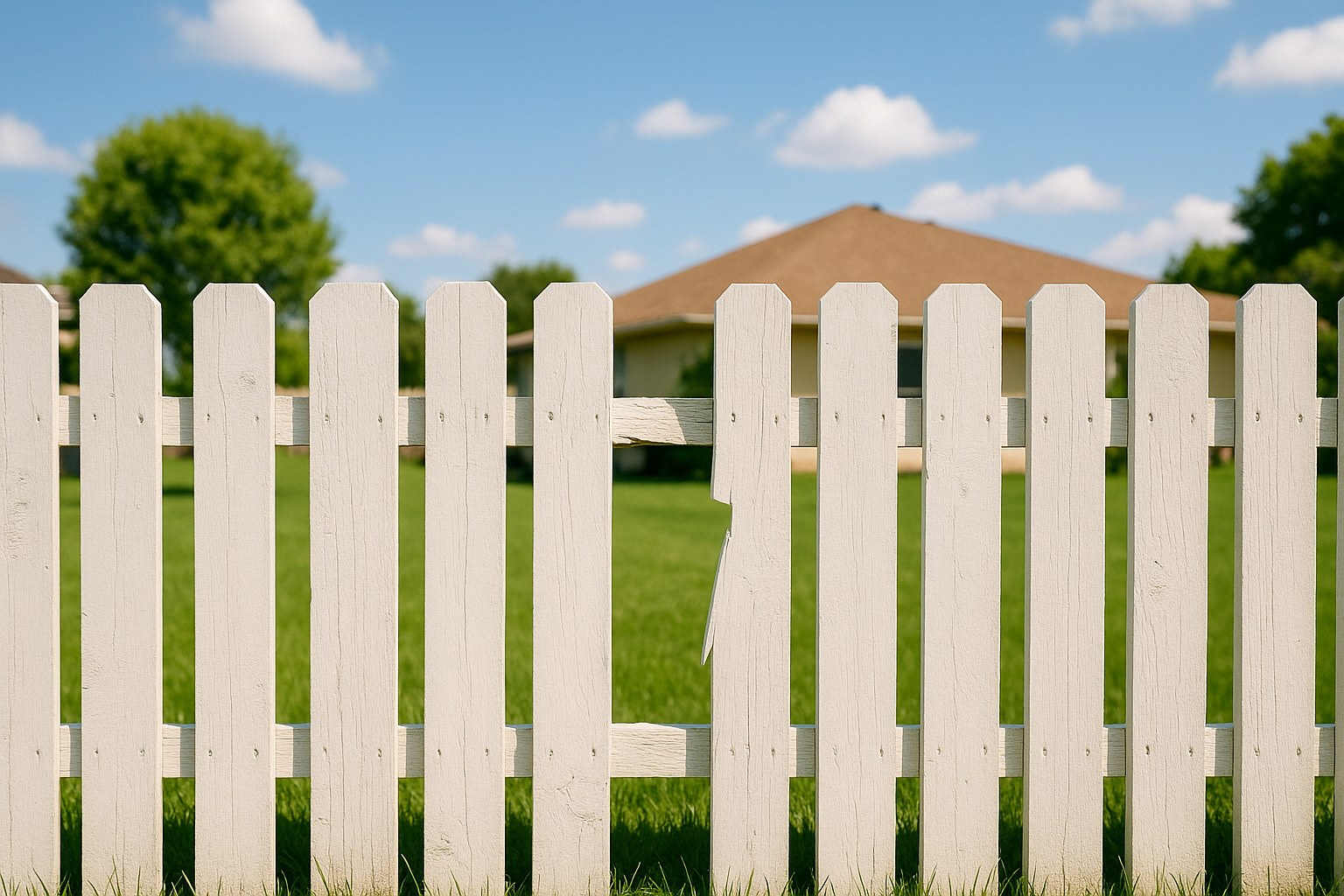 Suburban fence with broken picket gap