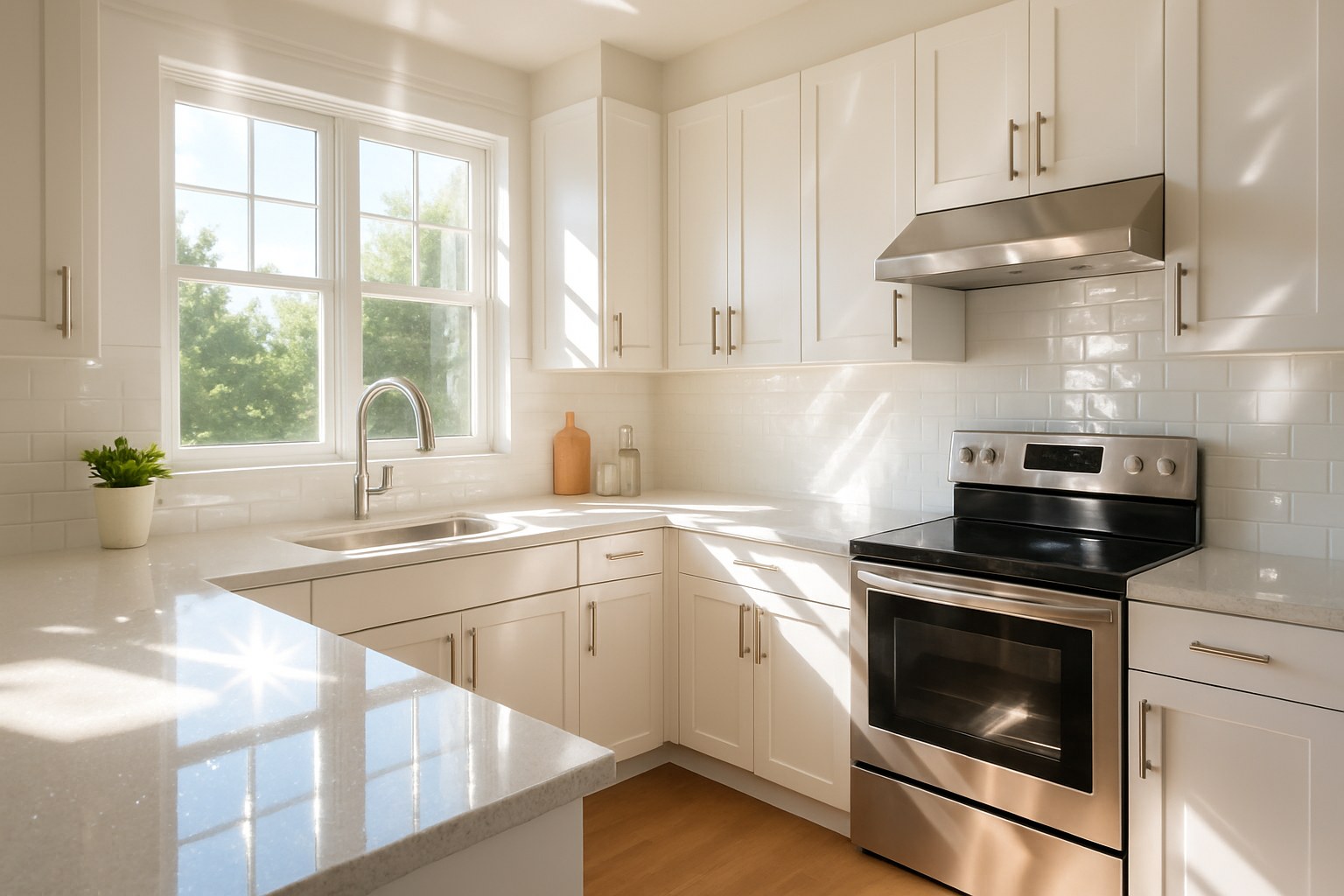 Sunlit sparkling clean kitchen countertops