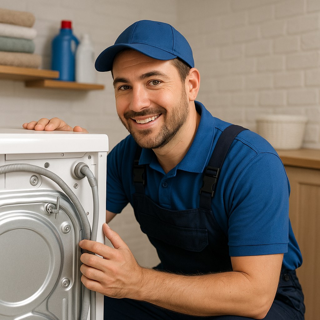 technician examining washing machine back