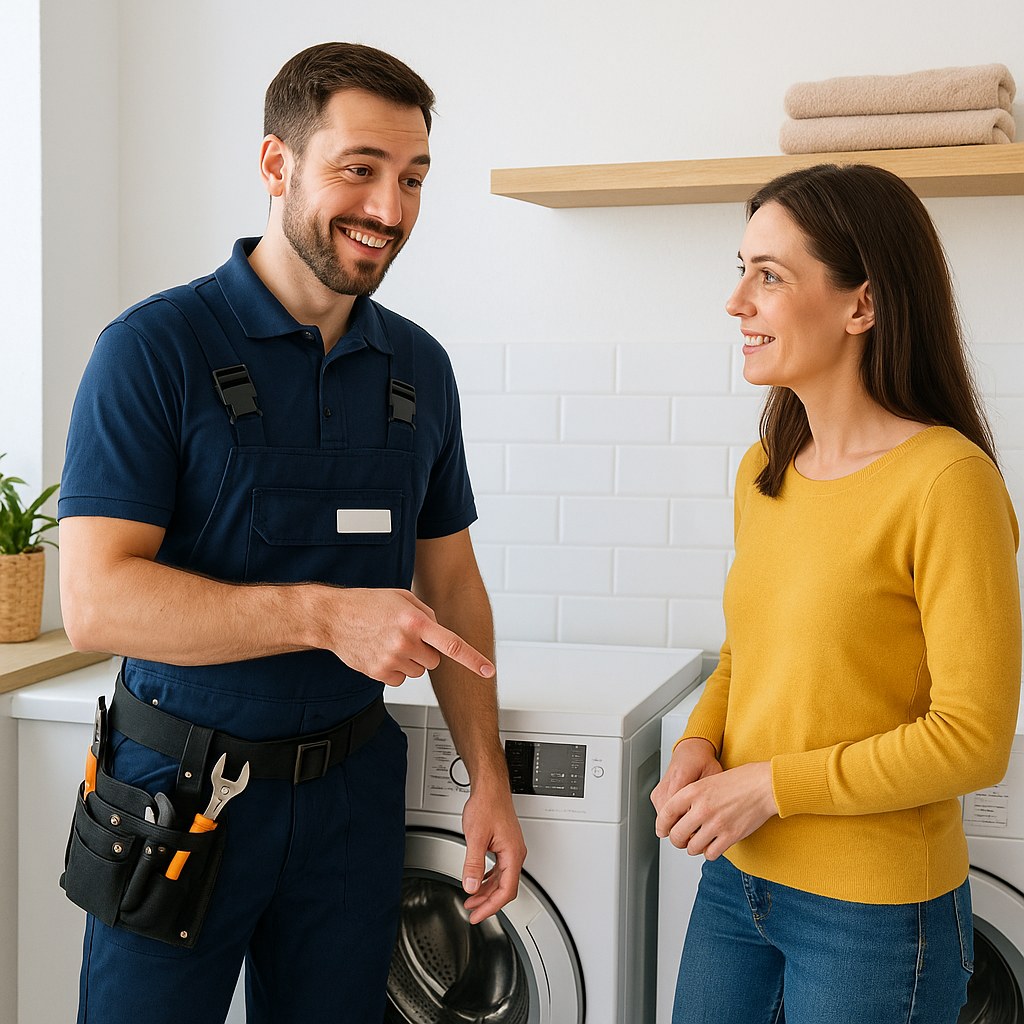 technician inspects washing machine with homeowner