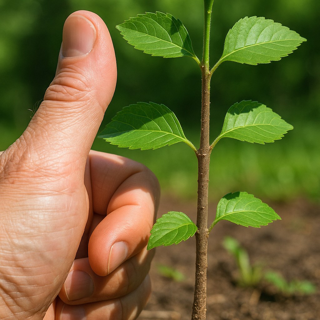 Thumb next to sapling trunk
