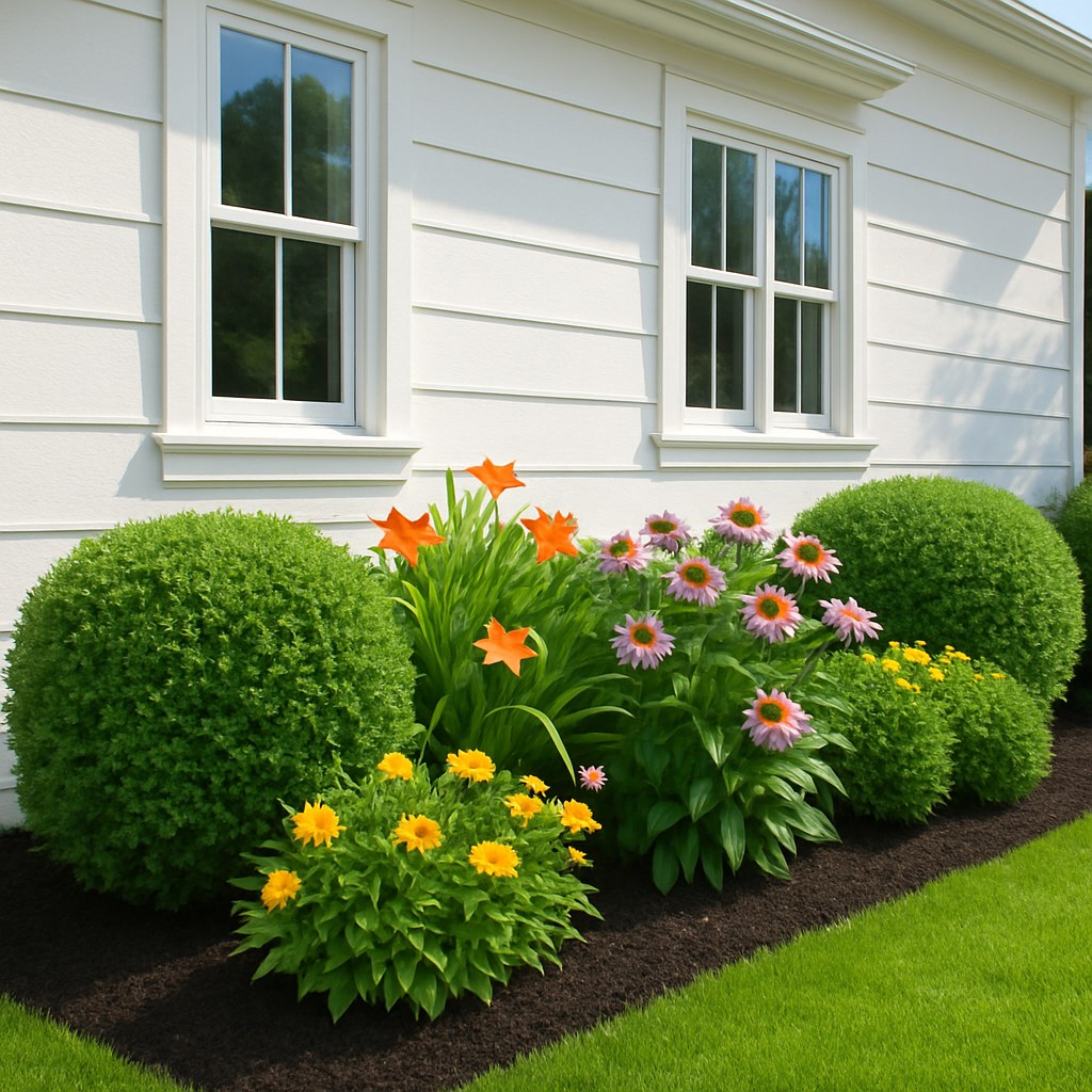 Trimmed garden bed near clean house
