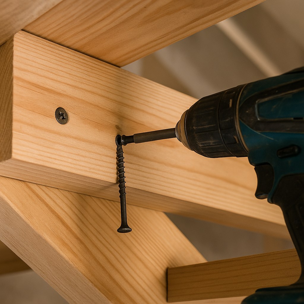 under staircase closeup drill securing tread