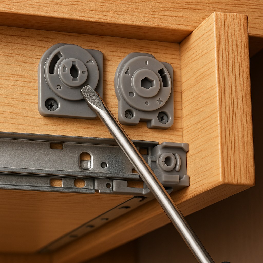 Underside drawer with plastic cams screwdriver