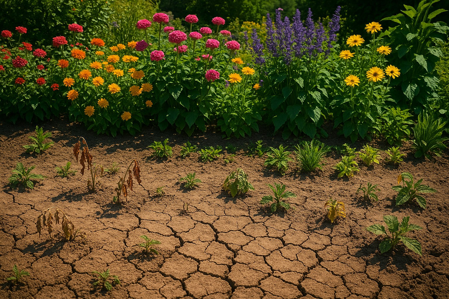 vibrant garden with wilting plants