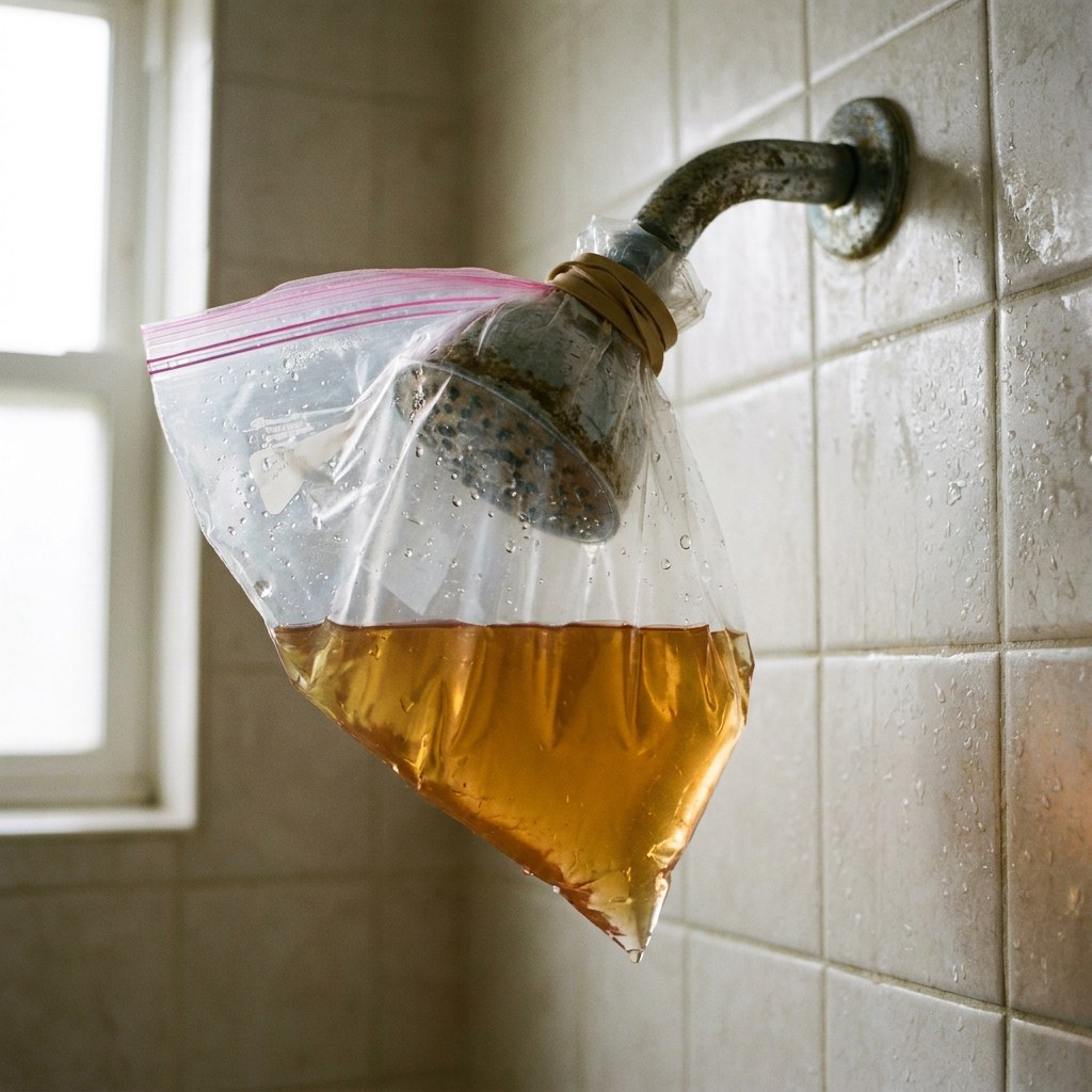 Vinegar bag tied to showerhead