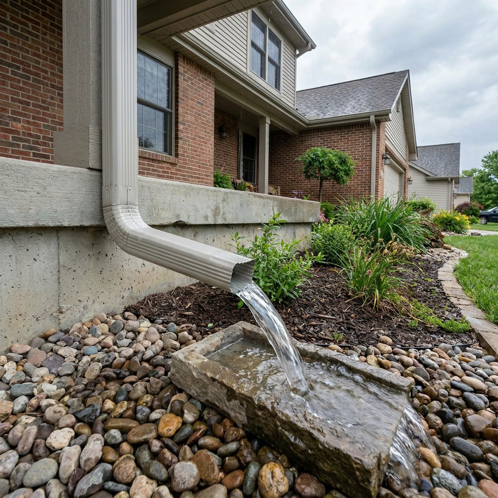 Water flowing from clean downspout
