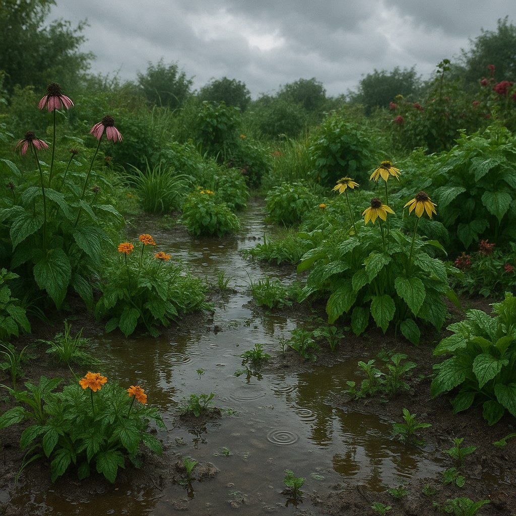waterlogged garden with puddles and plants