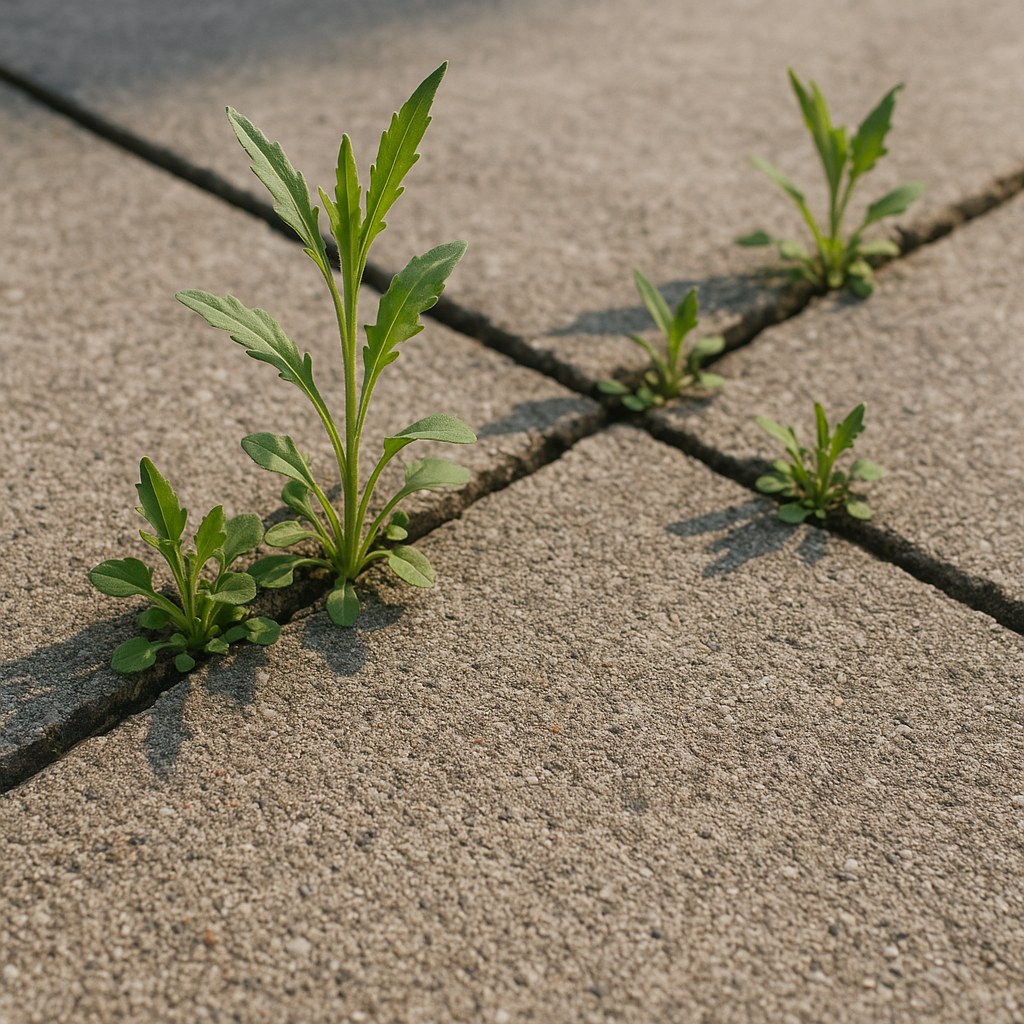 weeds through cracked concrete driveway