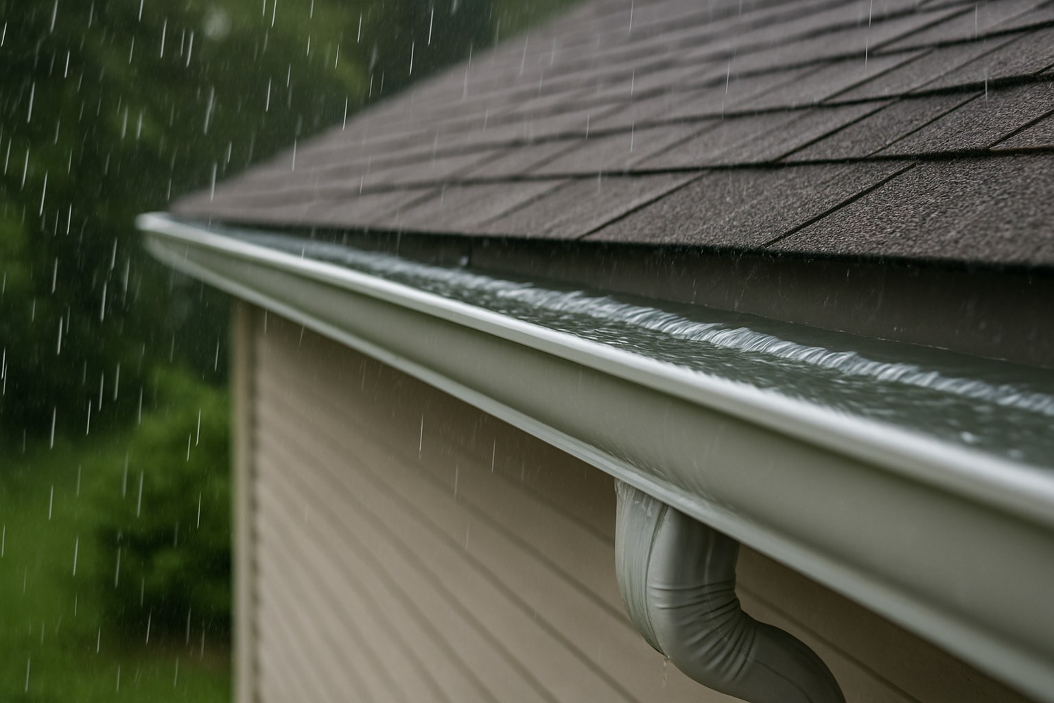 Wide shot gutter water flowing downspout