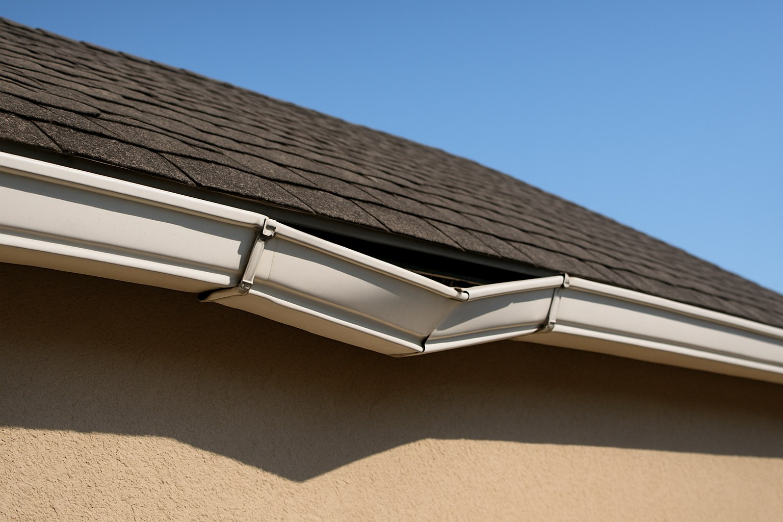 Wide shot sagging gutter from house