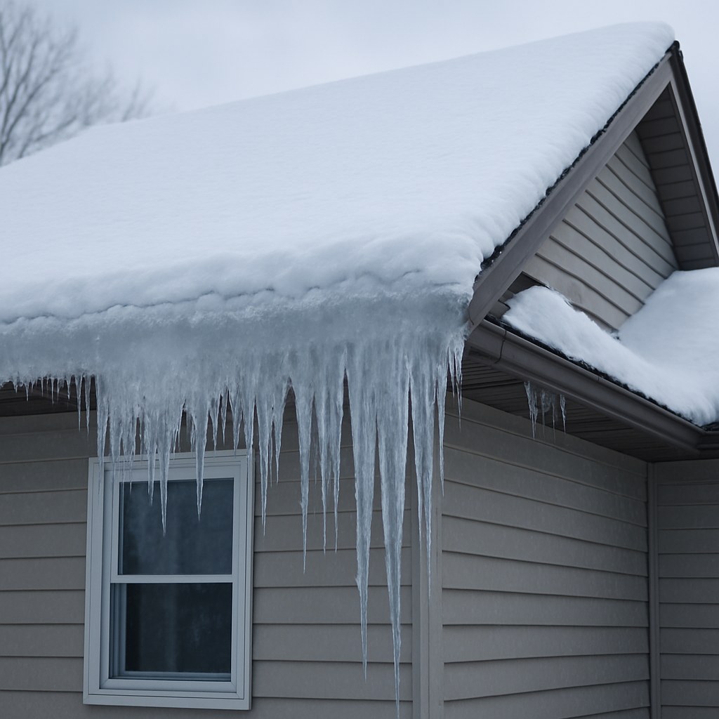 Winter roof ice dam with icicles