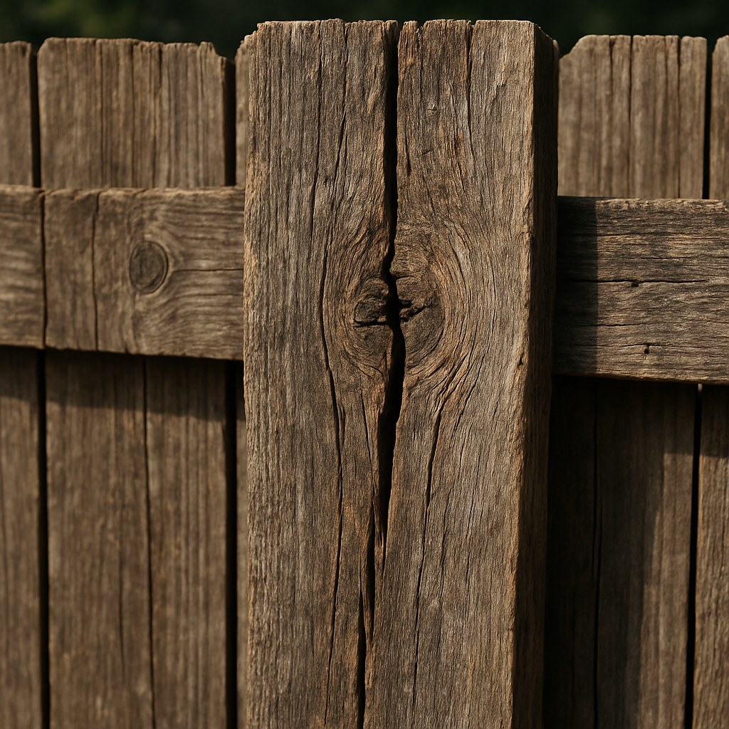 wooden fence with weathered split board