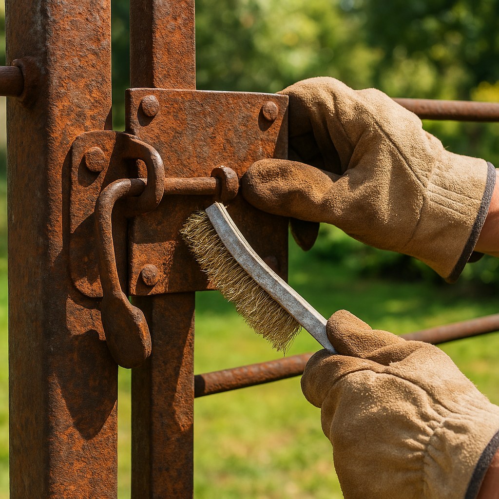 Worker cleaning rusty metal latch