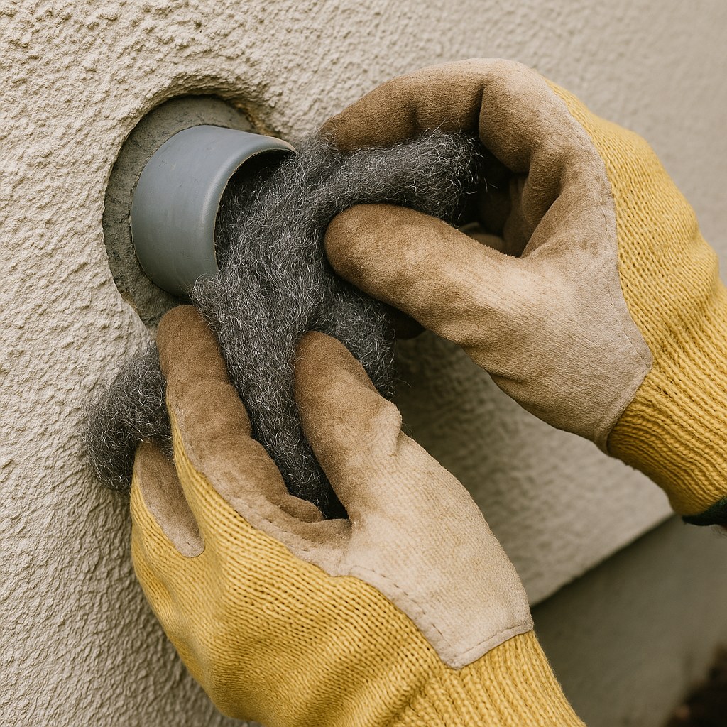 worker fills gap with steel wool