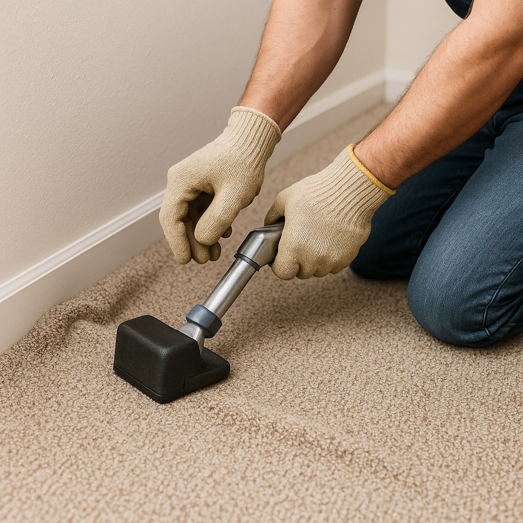 Worker using knee kicker on carpet