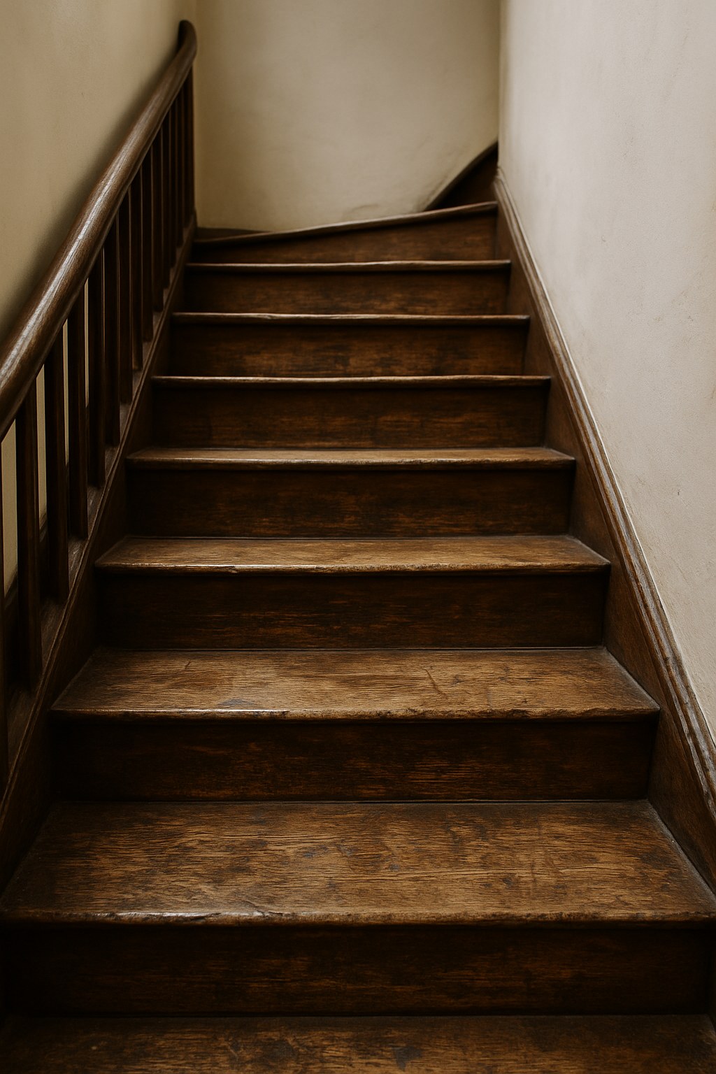 worn wooden staircase with scratches